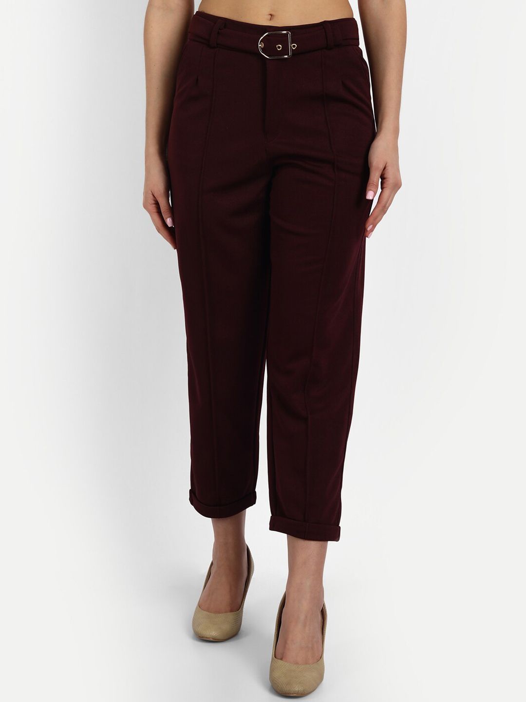 BROADSTAR Women Maroon Relaxed Straight Leg Loose Fit High-Rise Non Iron Trousers Price in India