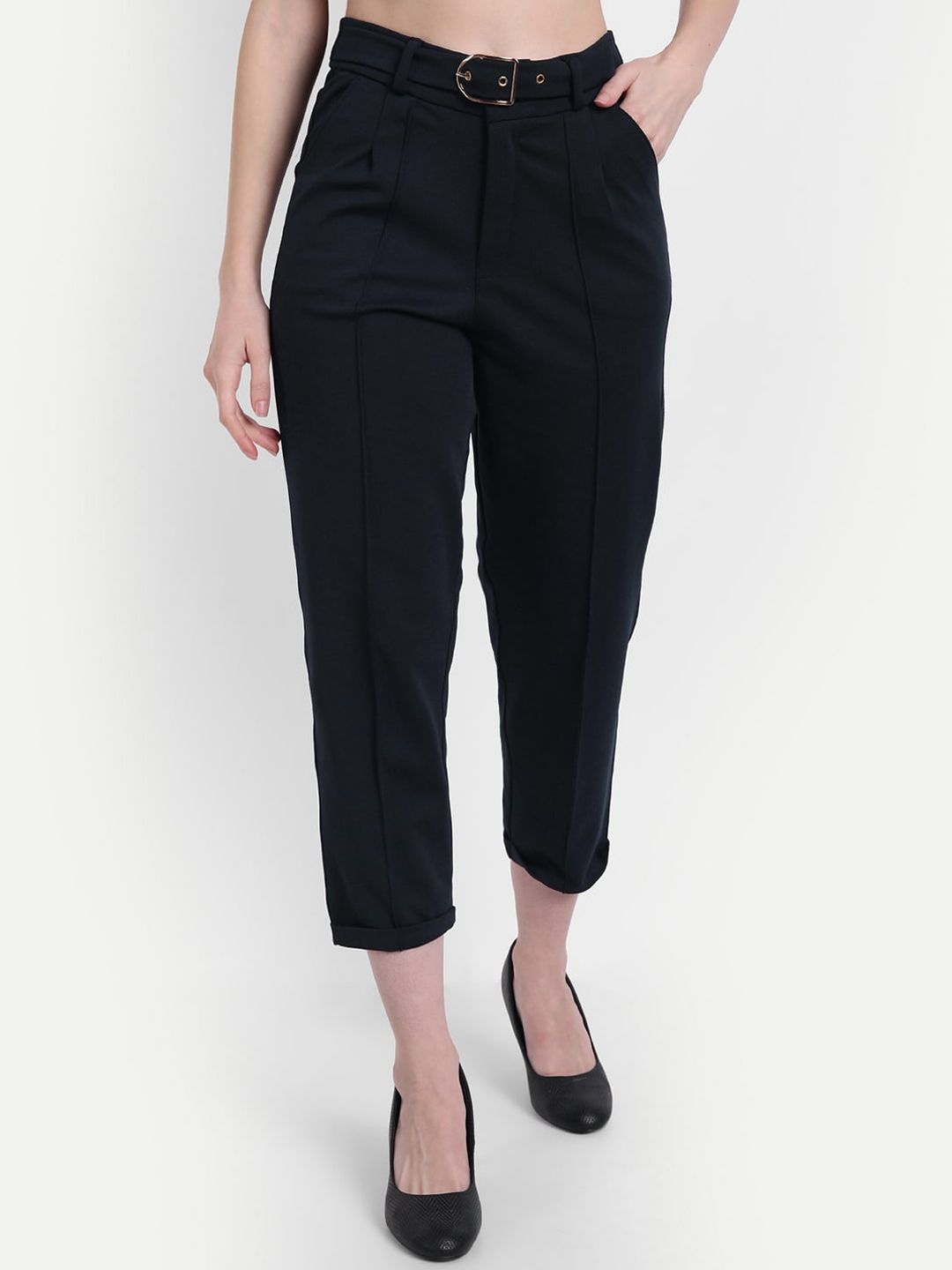 BROADSTAR Women Navy Blue Relaxed Straight Leg Loose Fit High-Rise Non Iron Trousers