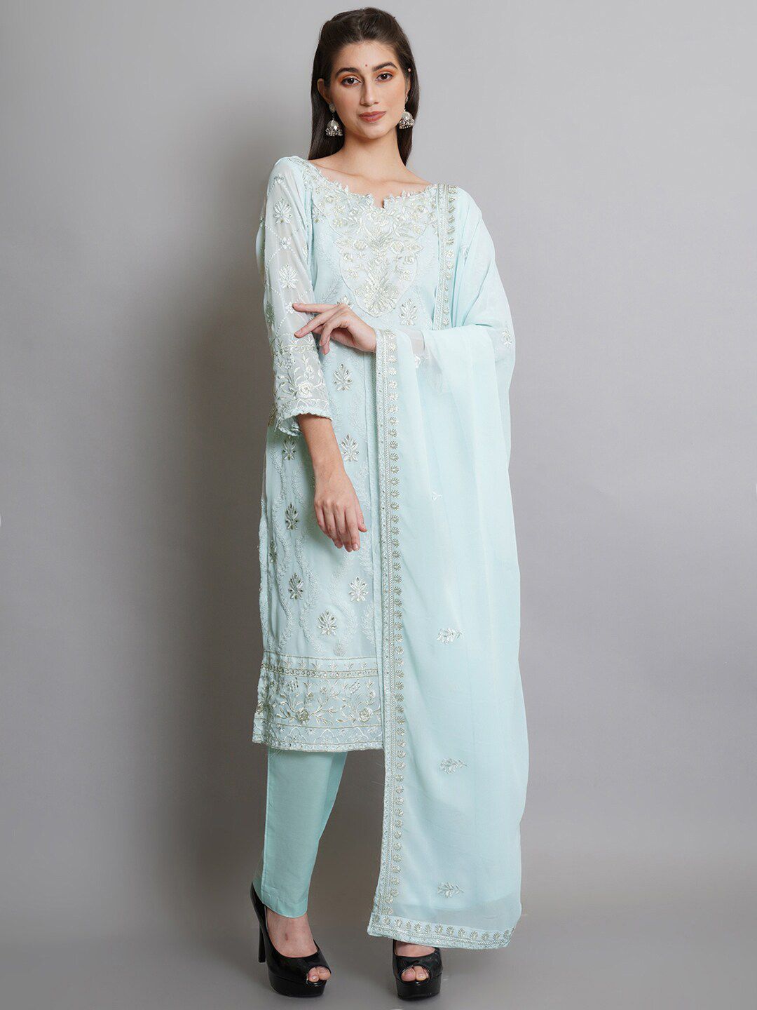 Stylee LIFESTYLE Turquoise Blue & Silver-Toned Embroidered Semi-Stitched Dress Material Price in India