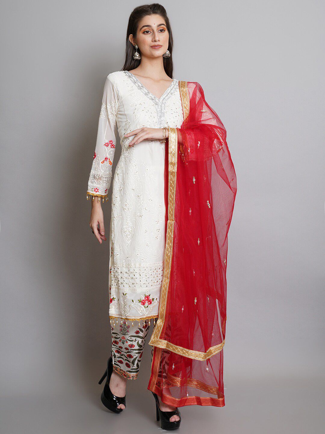 Stylee LIFESTYLE  Women Off White & Red Embroidered Semi-Stitched Dress Material Price in India