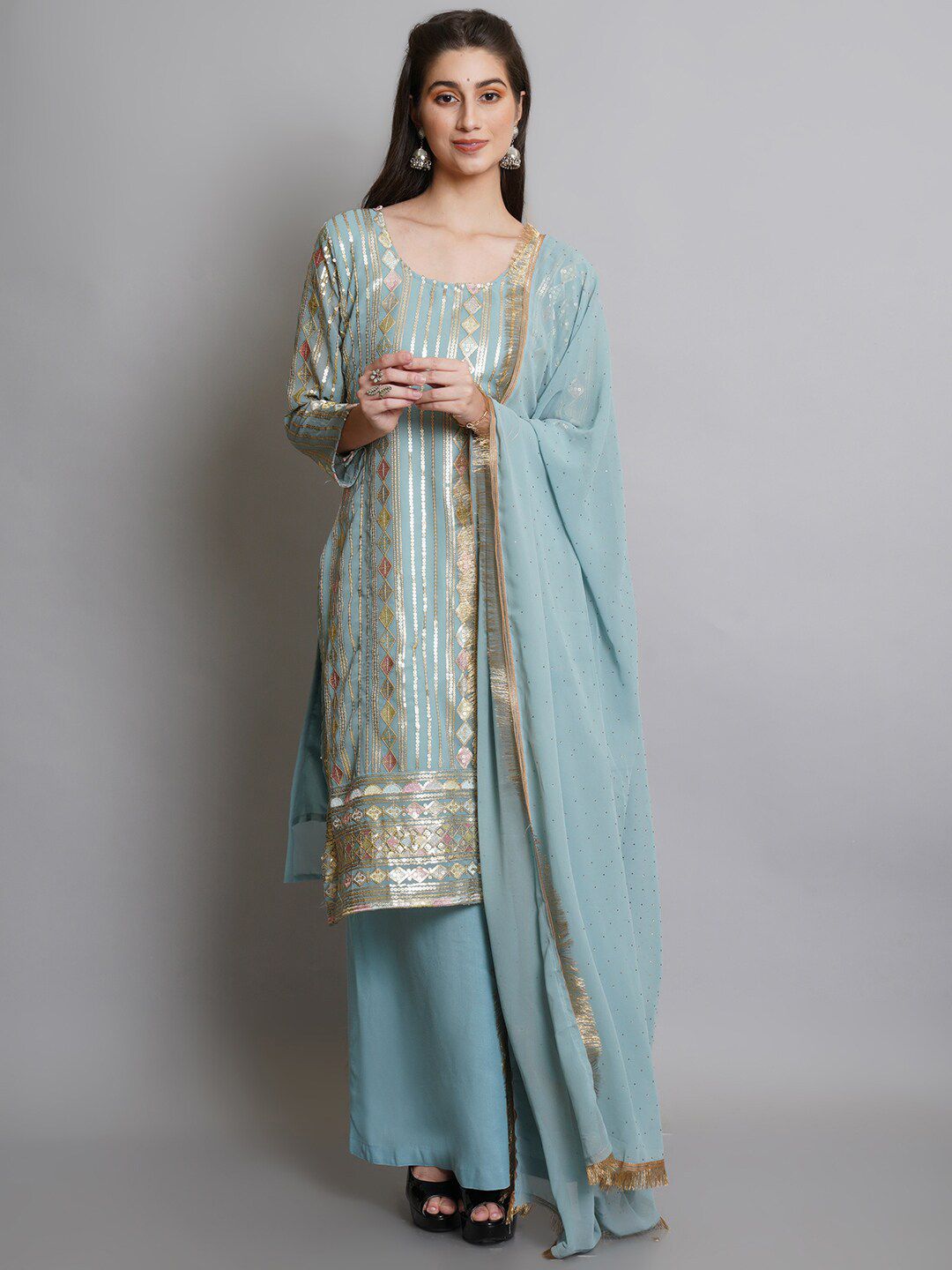 Stylee LIFESTYLE Turquoise Blue & Gold-Toned Embroidered Semi-Stitched Dress Material Price in India