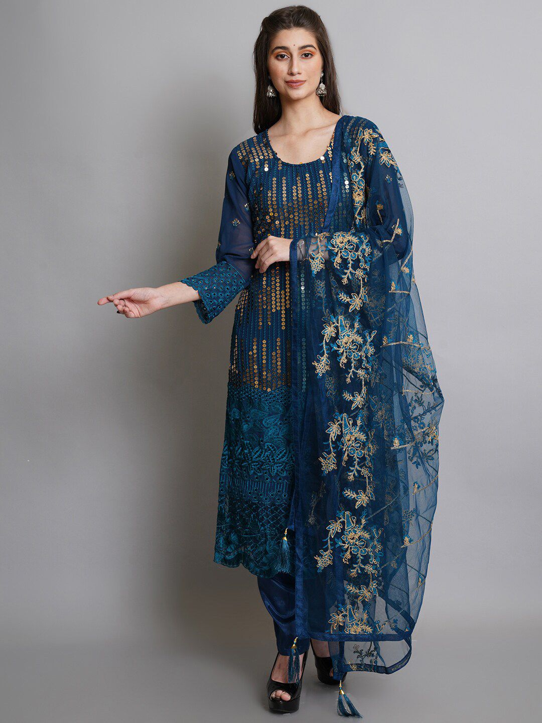 Stylee LIFESTYLE Navy Blue & Gold-Toned Embroidered Semi-Stitched Dress Material Price in India