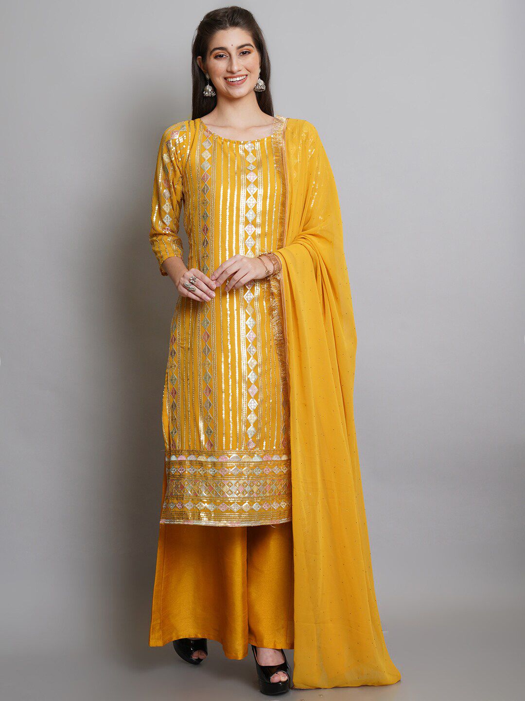 Stylee LIFESTYLE Yellow & Silver-Toned Embellished Semi-Stitched Dress Material Price in India