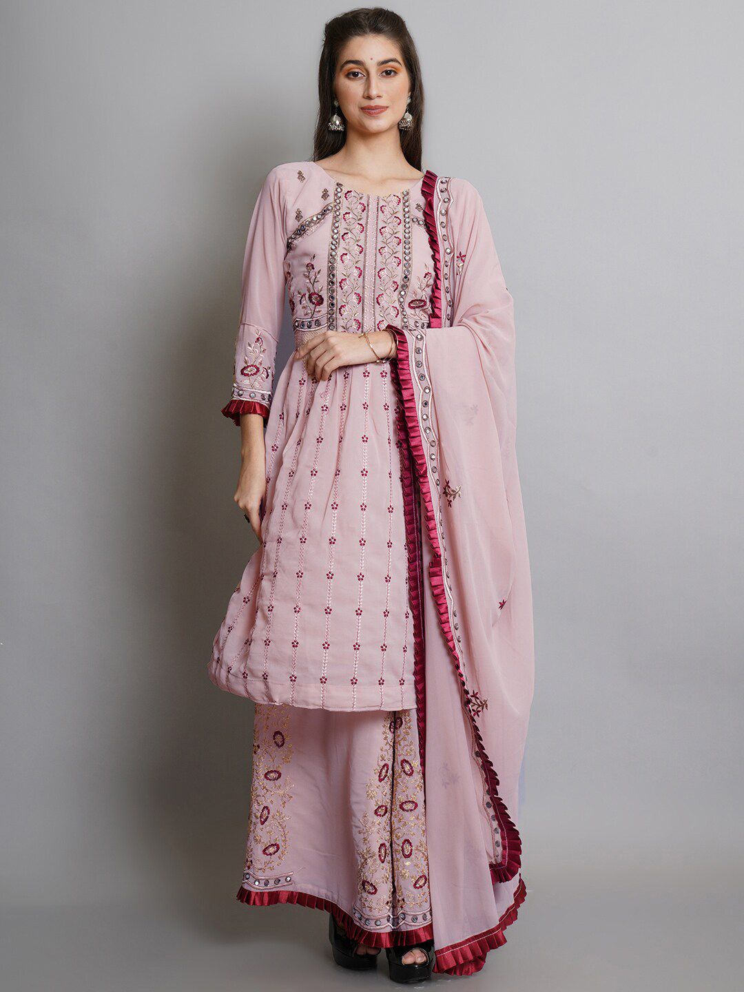 Stylee LIFESTYLE Women Pink & Brown Embroidered Semi-Stitched Dress Material Price in India