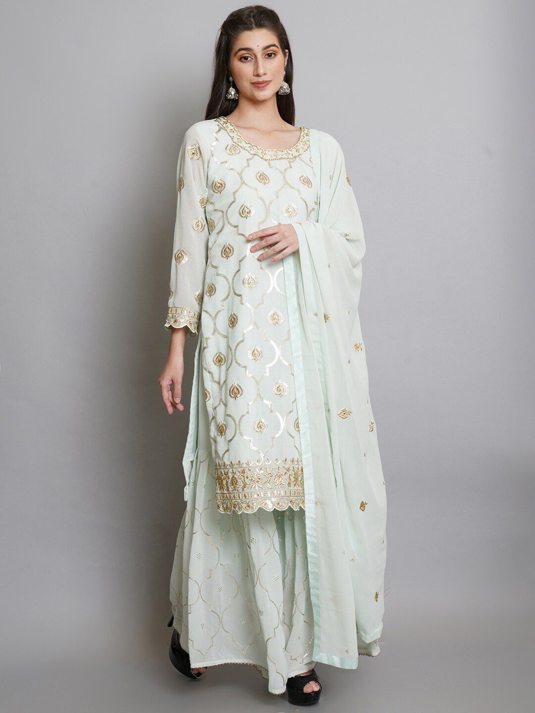 Stylee LIFESTYLE Turquoise Blue & Gold-Toned Embroidered Semi-Stitched Dress Material Price in India