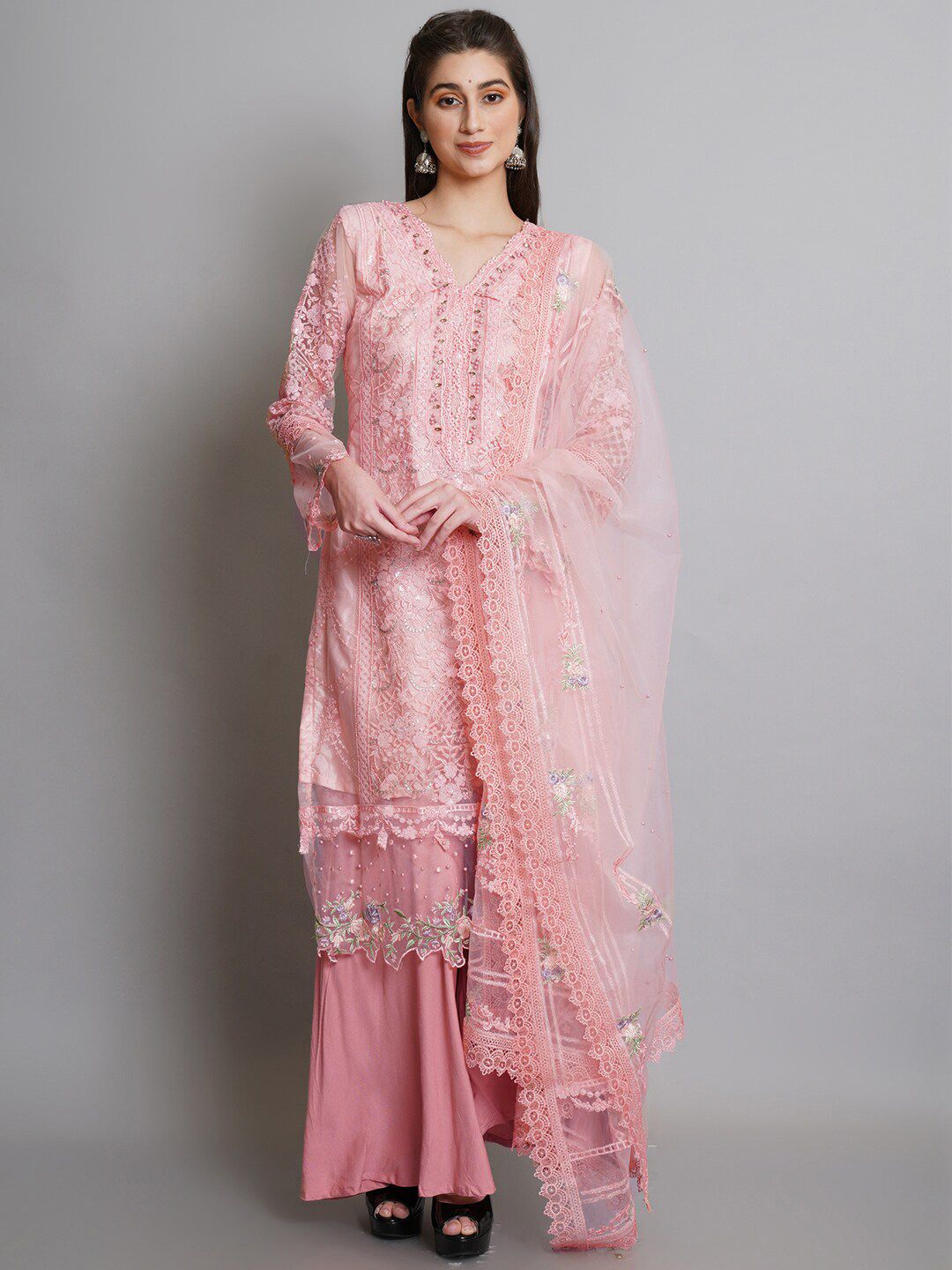 Stylee LIFESTYLE Women Pink Embroidered Semi-Stitched Dress Material Price in India