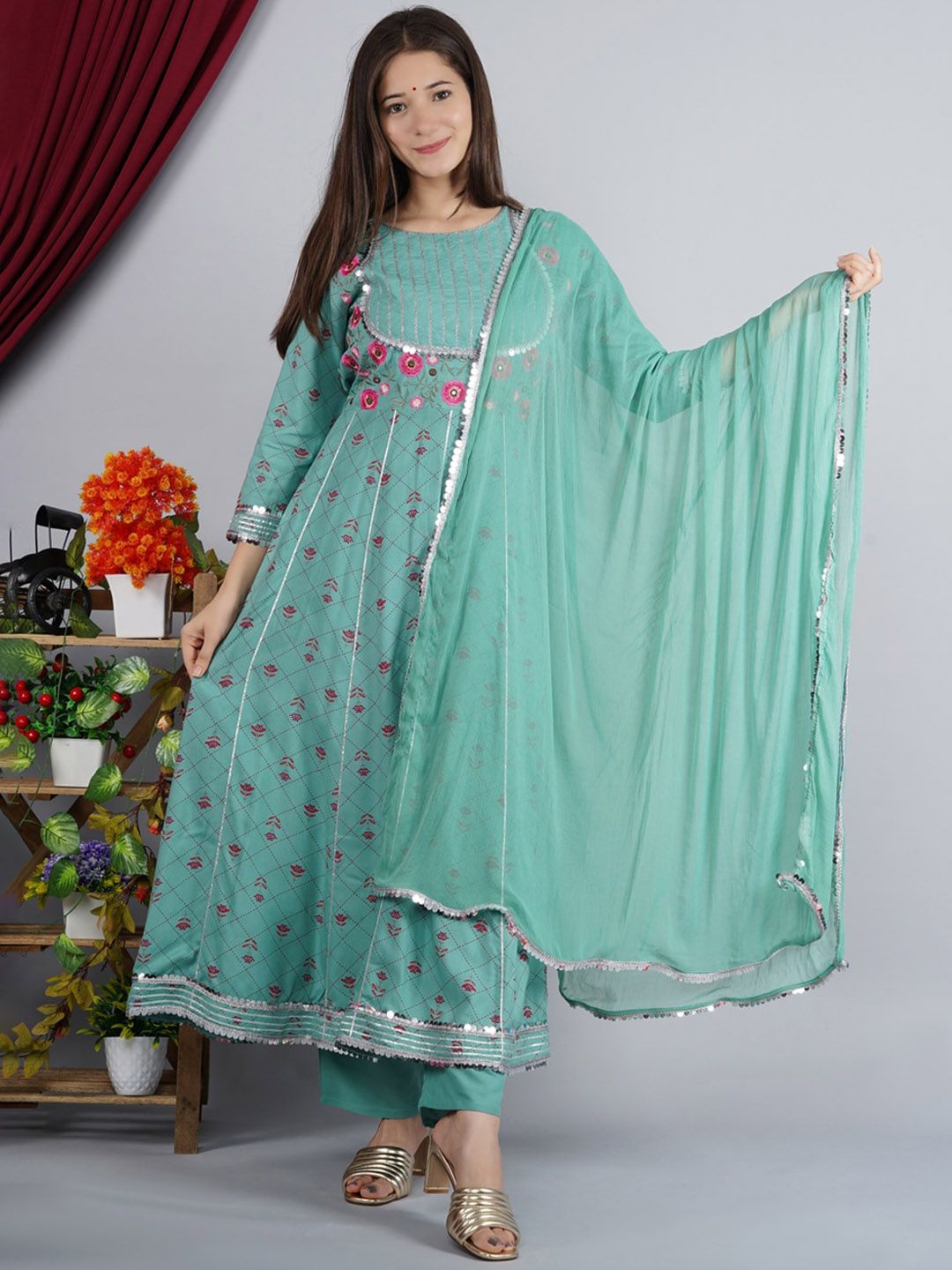 TOULIN Women Teal Floral Panelled Kurta with Palazzos & With Dupatta Price in India