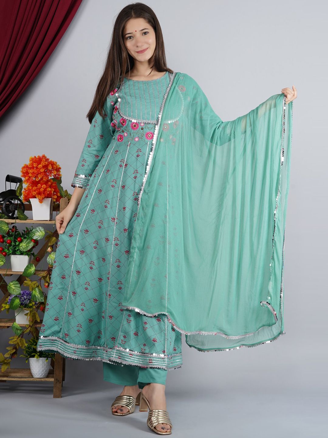 TOULIN Women Teal Floral Panelled Kurti with Palazzos & With Dupatta Price in India