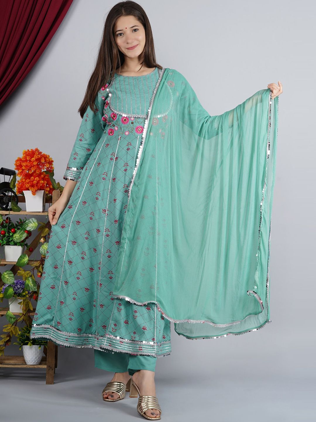 TOULIN Women Teal Floral Empire Kurti with Pyjama & With Dupatta Price in India