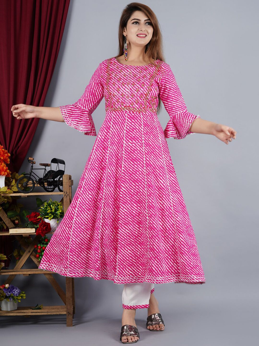 TOULIN Women Pink Leheriya Printed Layered Kurta with Trousers & With Dupatta Price in India