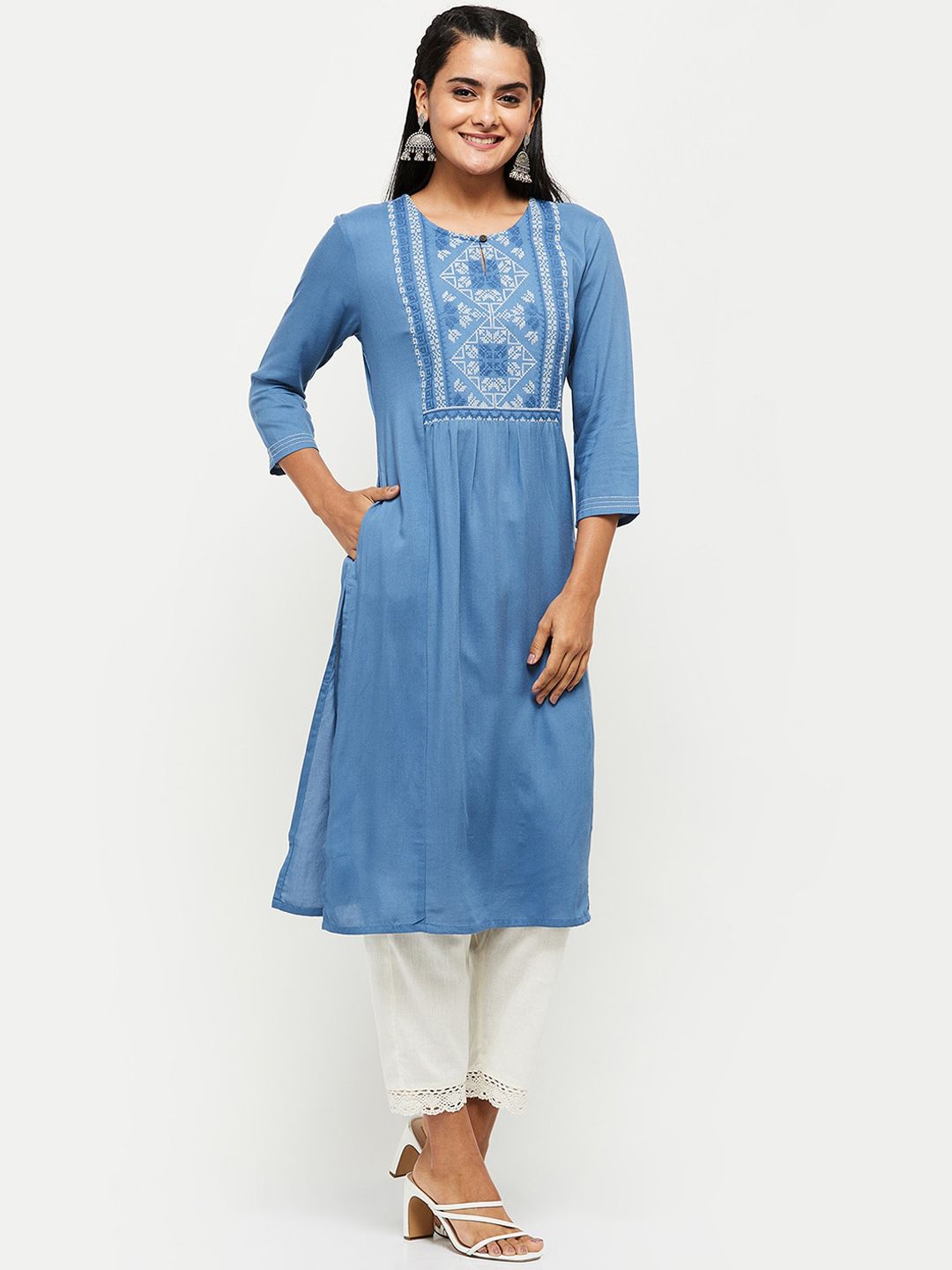 max Women Blue Yoke Design Kurta