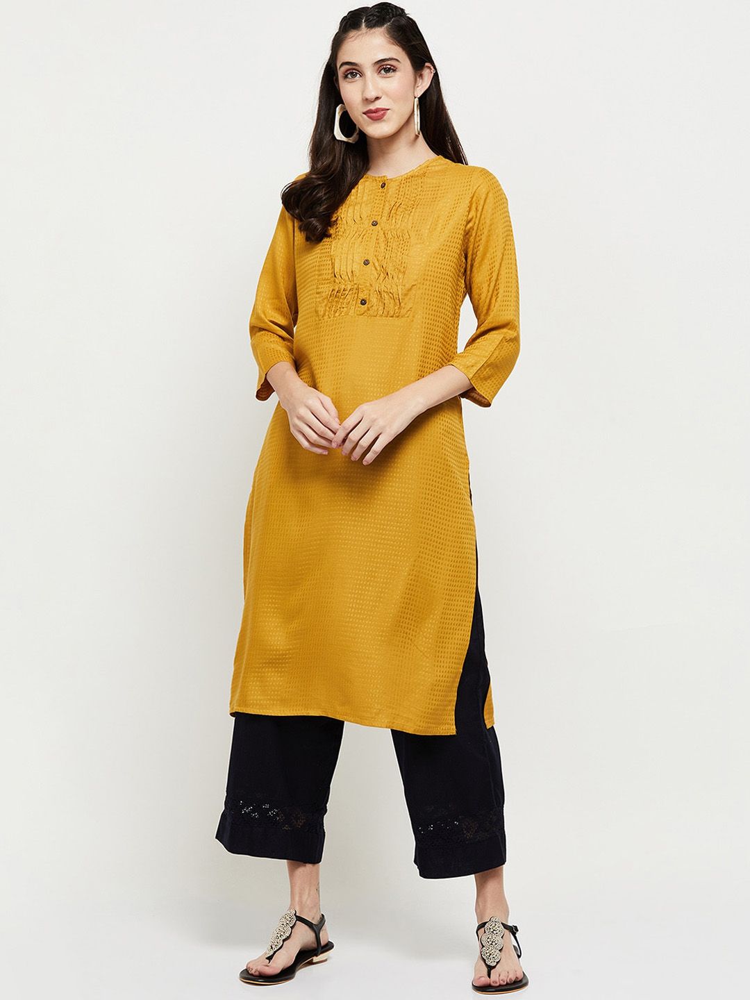 max Women Mustard Yellow Yoke Design Thread Work Kurta