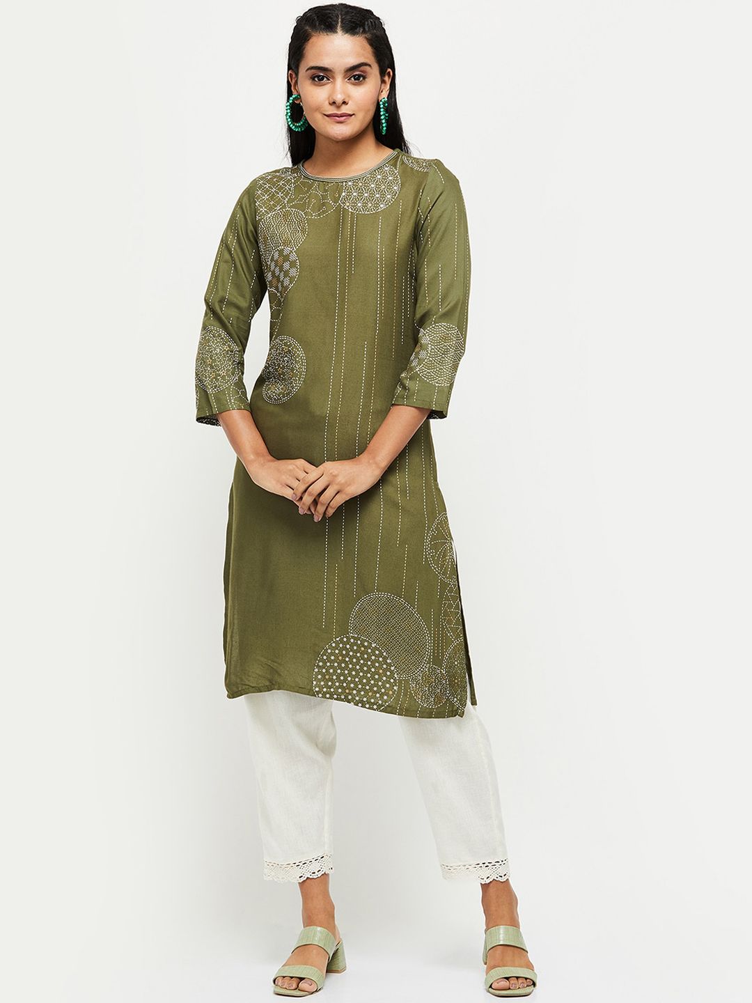 max Women Olive Green Geometric Printed Kurta