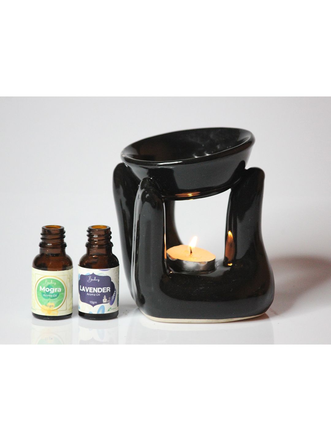 Brahmz Ceramic Healing Hand Tea Light Candle Aroma Oil Diffuser Burner with 2 Aroma Oils Price in India