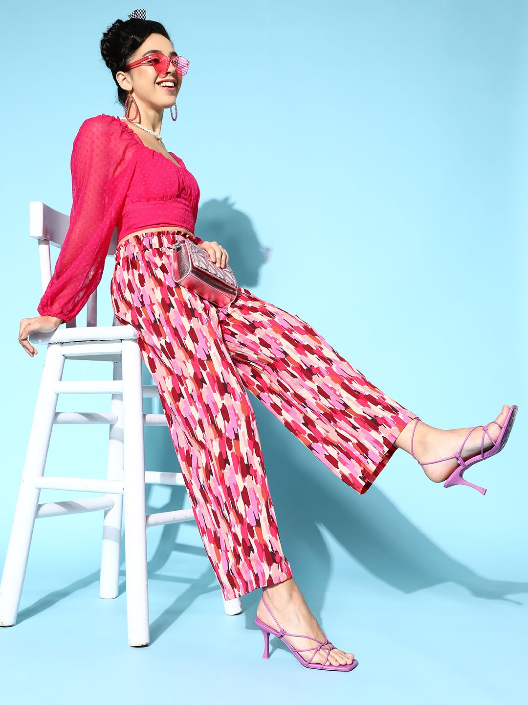 Berrylush Women Pink Printed Relaxed High-Rise Pleated Trousers Price in India