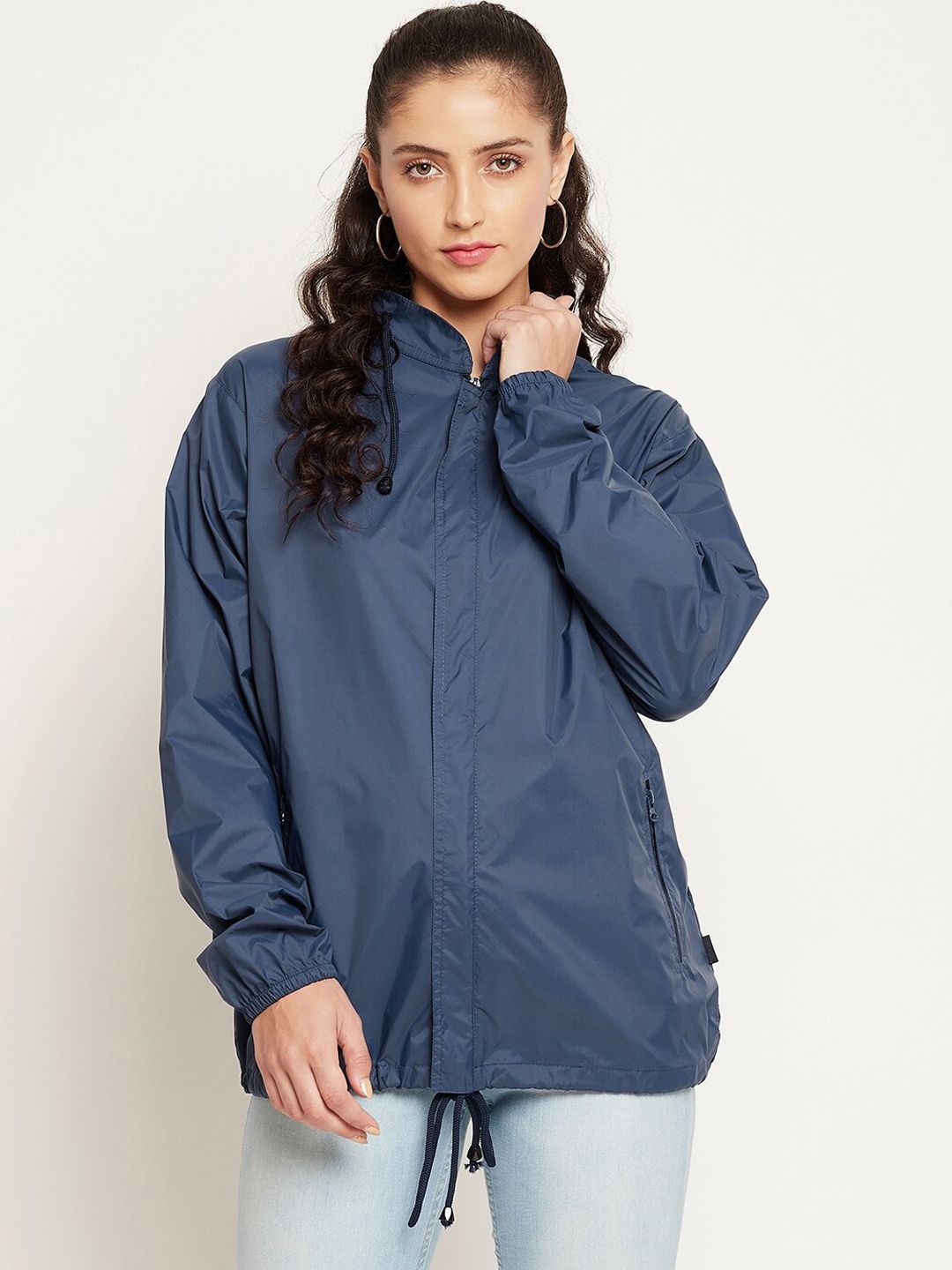 Okane Women Blue Windcheater and Water Resistant Longline Tailored Jacket Price in India