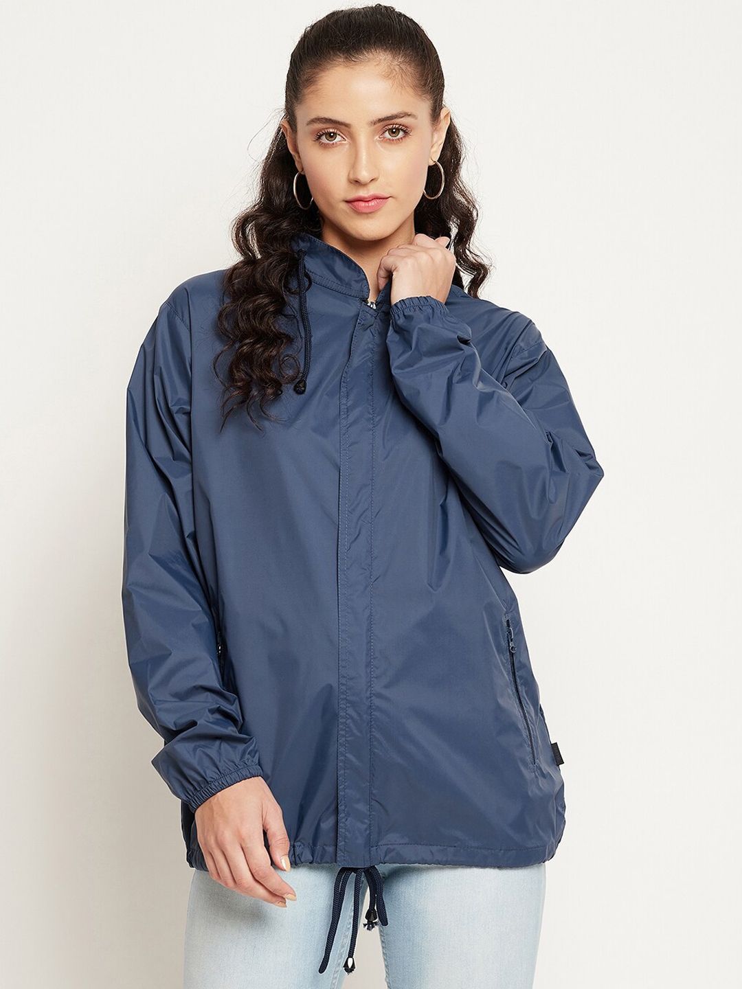 Okane Women Blue Windcheater and Water Resistant Longline Tailored Jacket Price in India