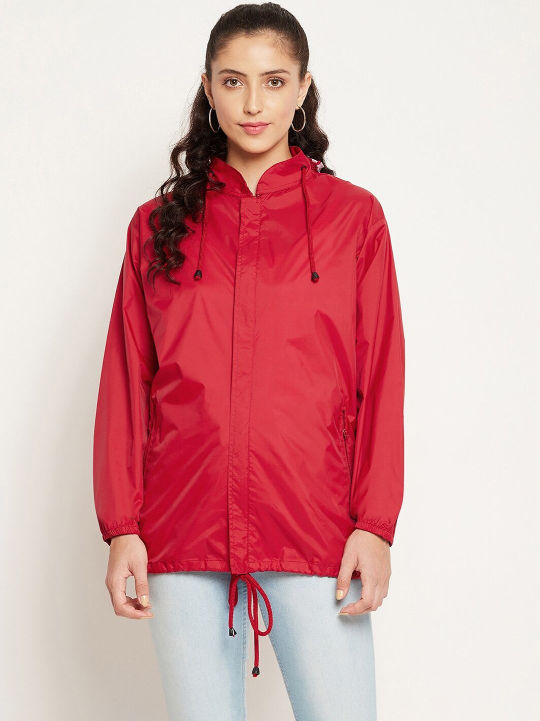 Okane Women Red Windcheater and Water Resistant Longline Tailored Jacket Price in India