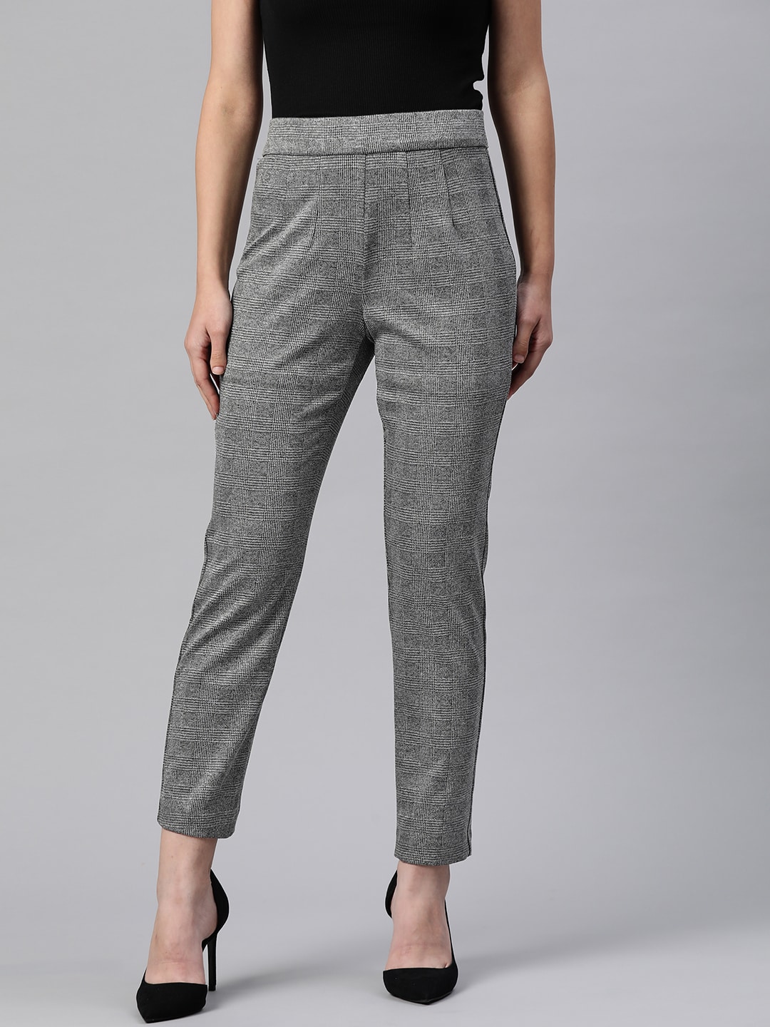 Marks & Spencer Women Charcoal Grey Checked High-Rise Trousers Price in India