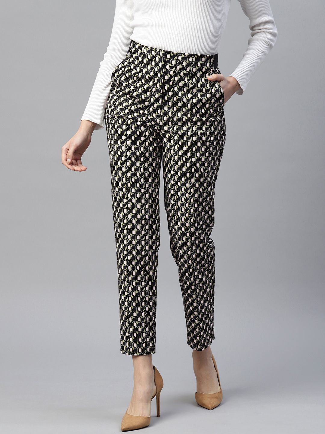 Marks & Spencer Women Black Printed High-Rise Trousers Price in India