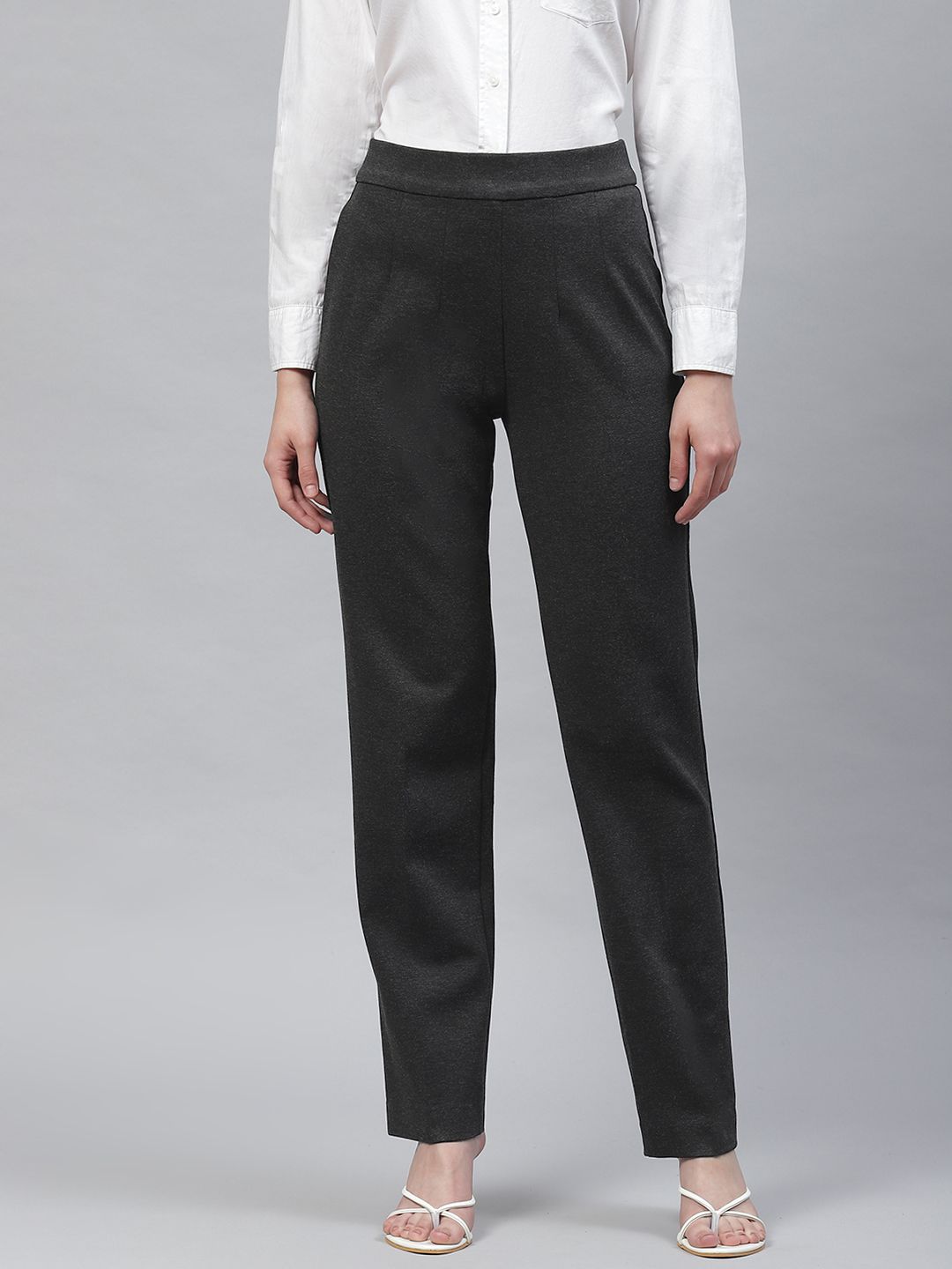 Marks & Spencer Women Charcoal Straight Fit High-Rise Trousers Price in India