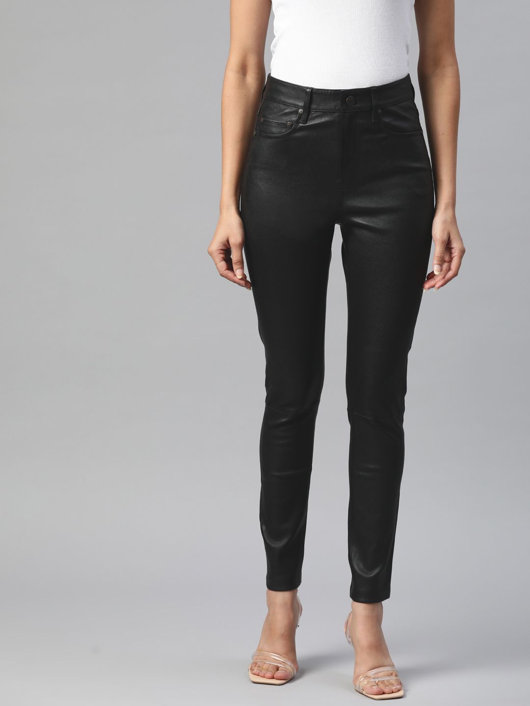 Marks & Spencer Women Black Pure Leather High-Rise Skinny Fit Trousers Price in India