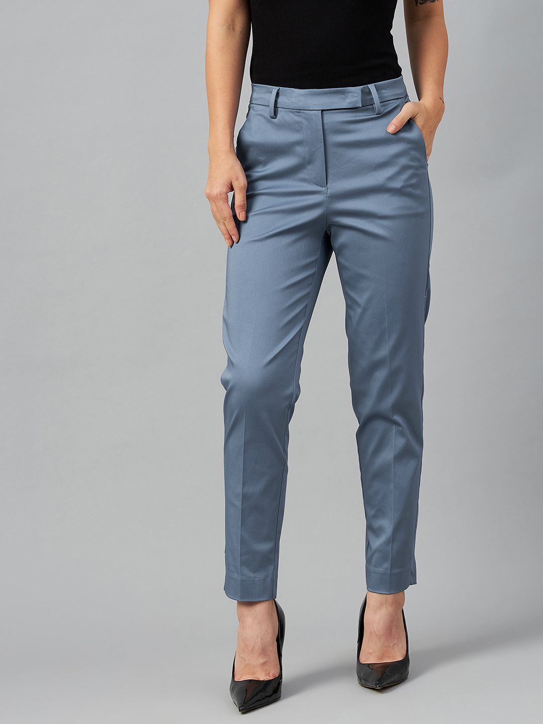 Marks & Spencer Women Blue Slim Fit High-Rise Trousers Price in India