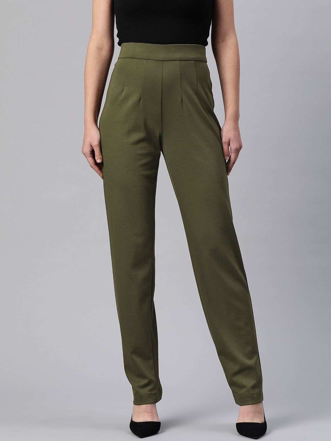 Marks & Spencer Women Olive Green Solid High-Rise Straight Trousers Price in India