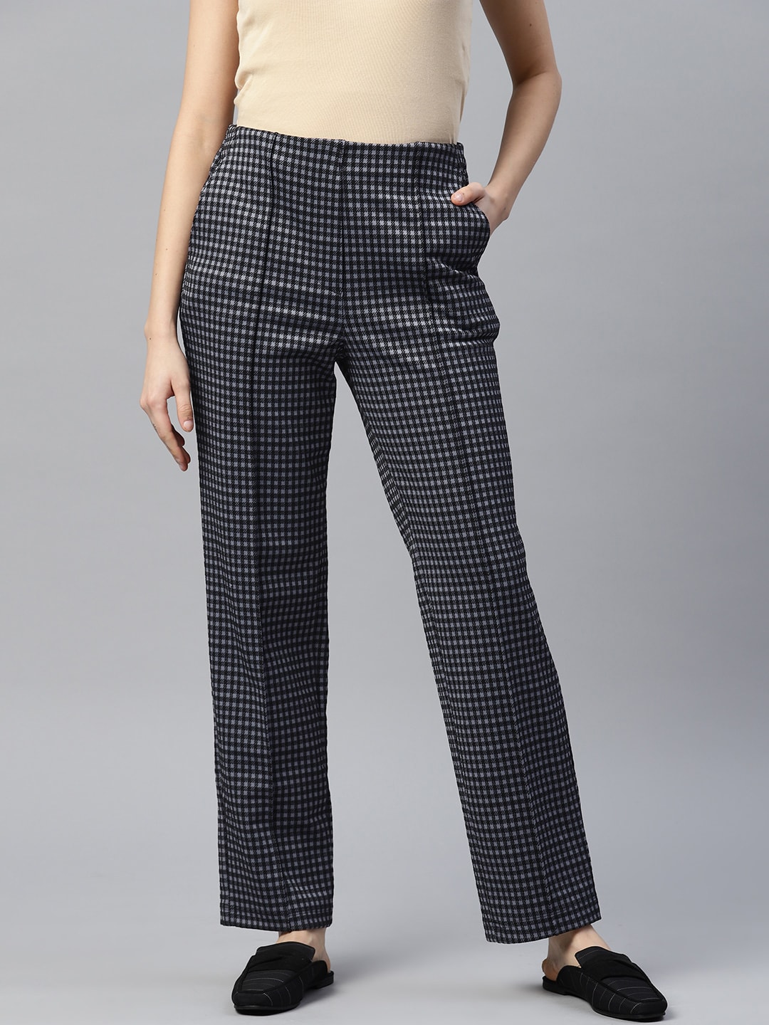 Marks & Spencer Women Black Checked High-Rise Trousers Price in India