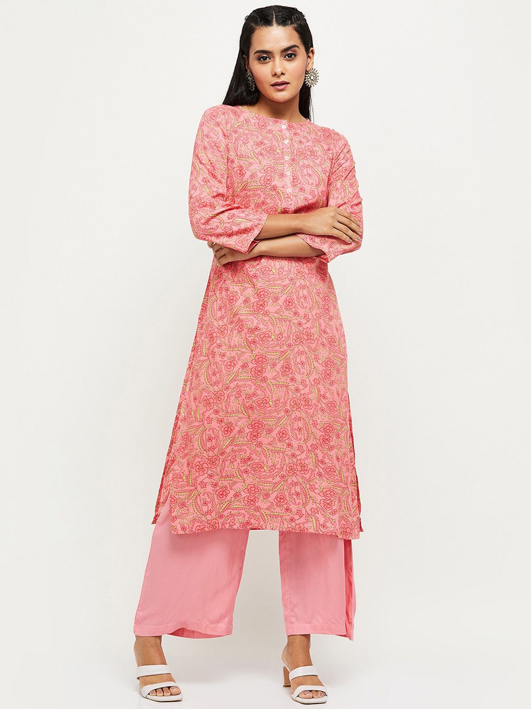 max Women Pink Floral Printed Kurta with Palazzos Price in India