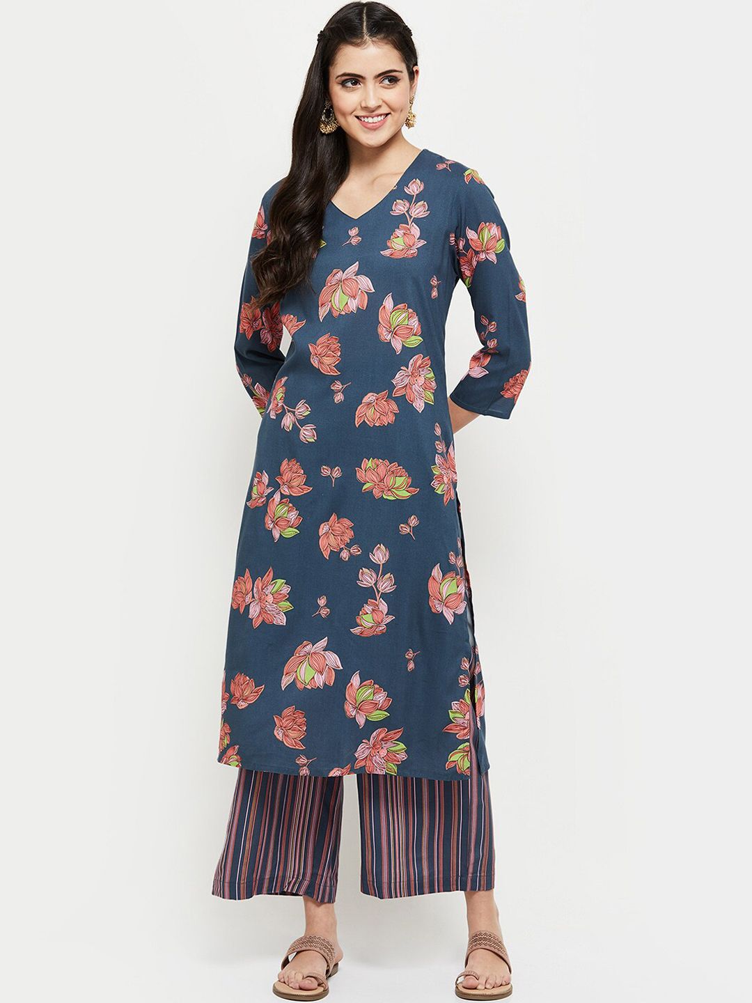 max Women Blue Printed Kurti with Palazzos