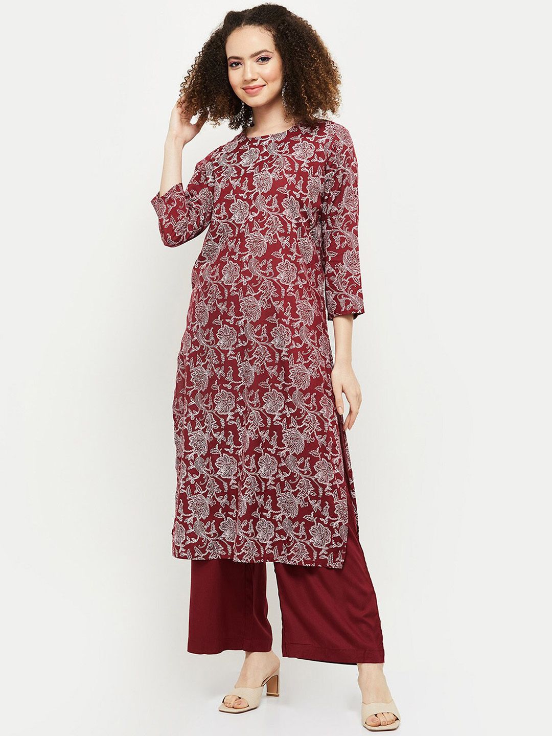 max Women Red Floral Printed Kurta with Palazzos Price in India