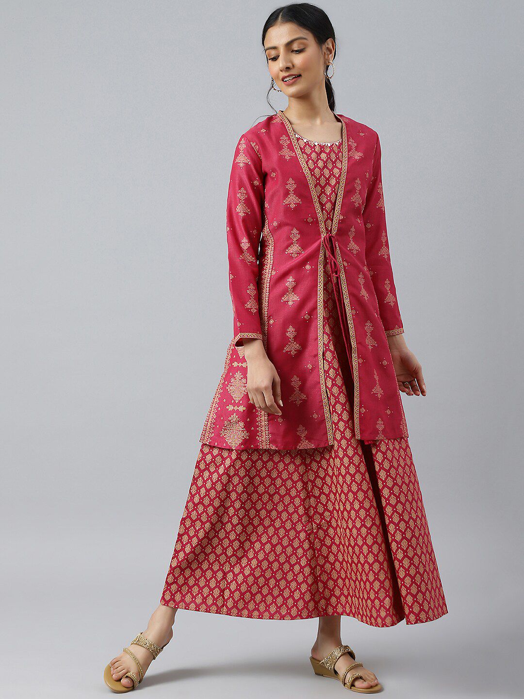 W Pink Ethnic Motifs Chiffon Ethnic Maxi Dress With Tie-Up Waist Coat Price in India
