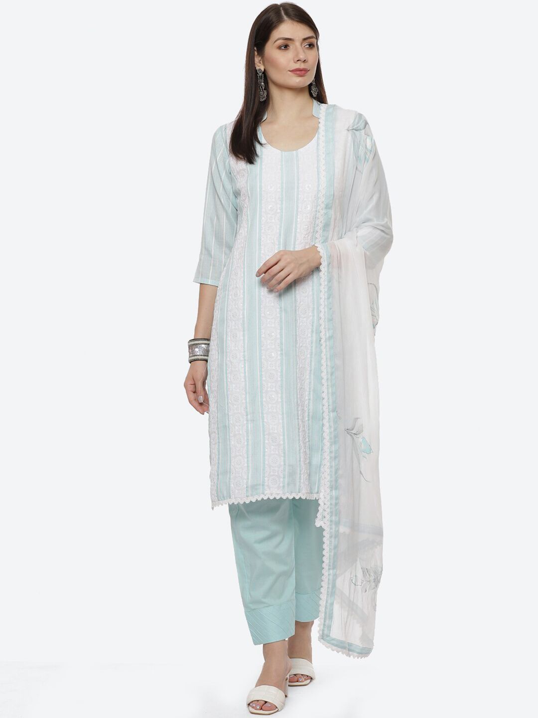 Biba Women Blue & White Unstitched Dress Material Price in India