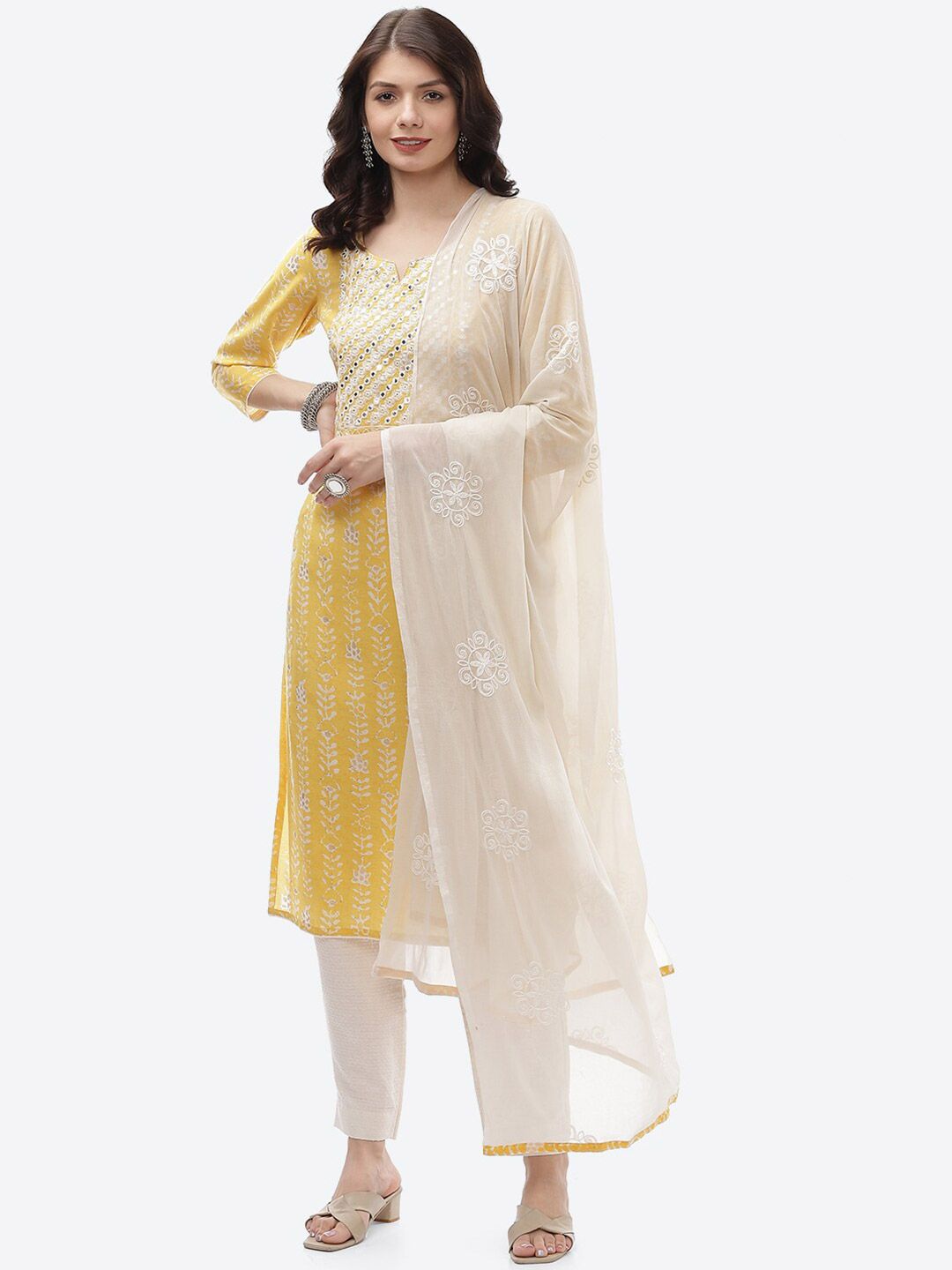 Biba Yellow & White Unstitched Dress Material Price in India