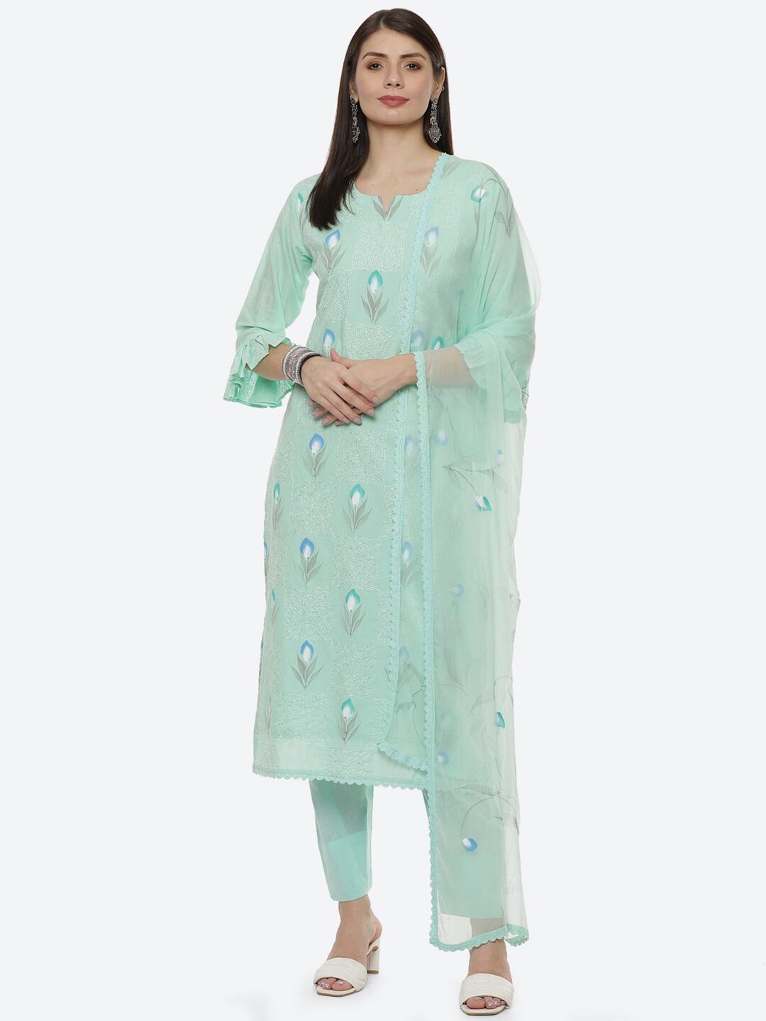 Biba Blue & White Unstitched Dress Material Price in India