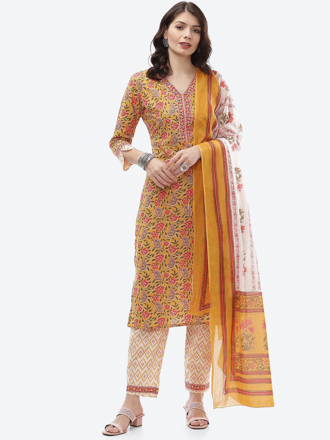 Biba Yellow & White Unstitched Dress Material Price in India