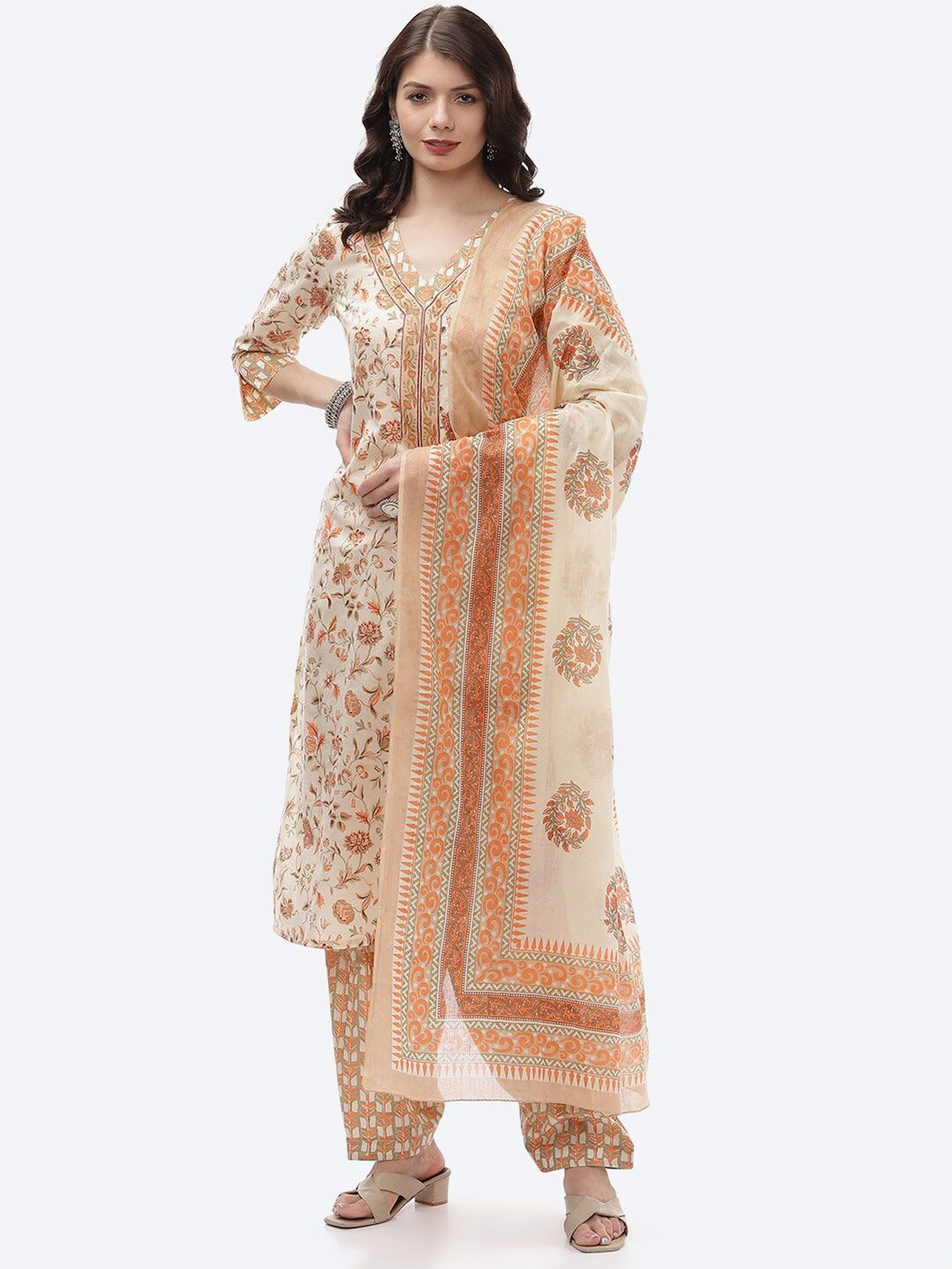 Biba Peach-Coloured & Brown Printed Unstitched Dress Material Price in India