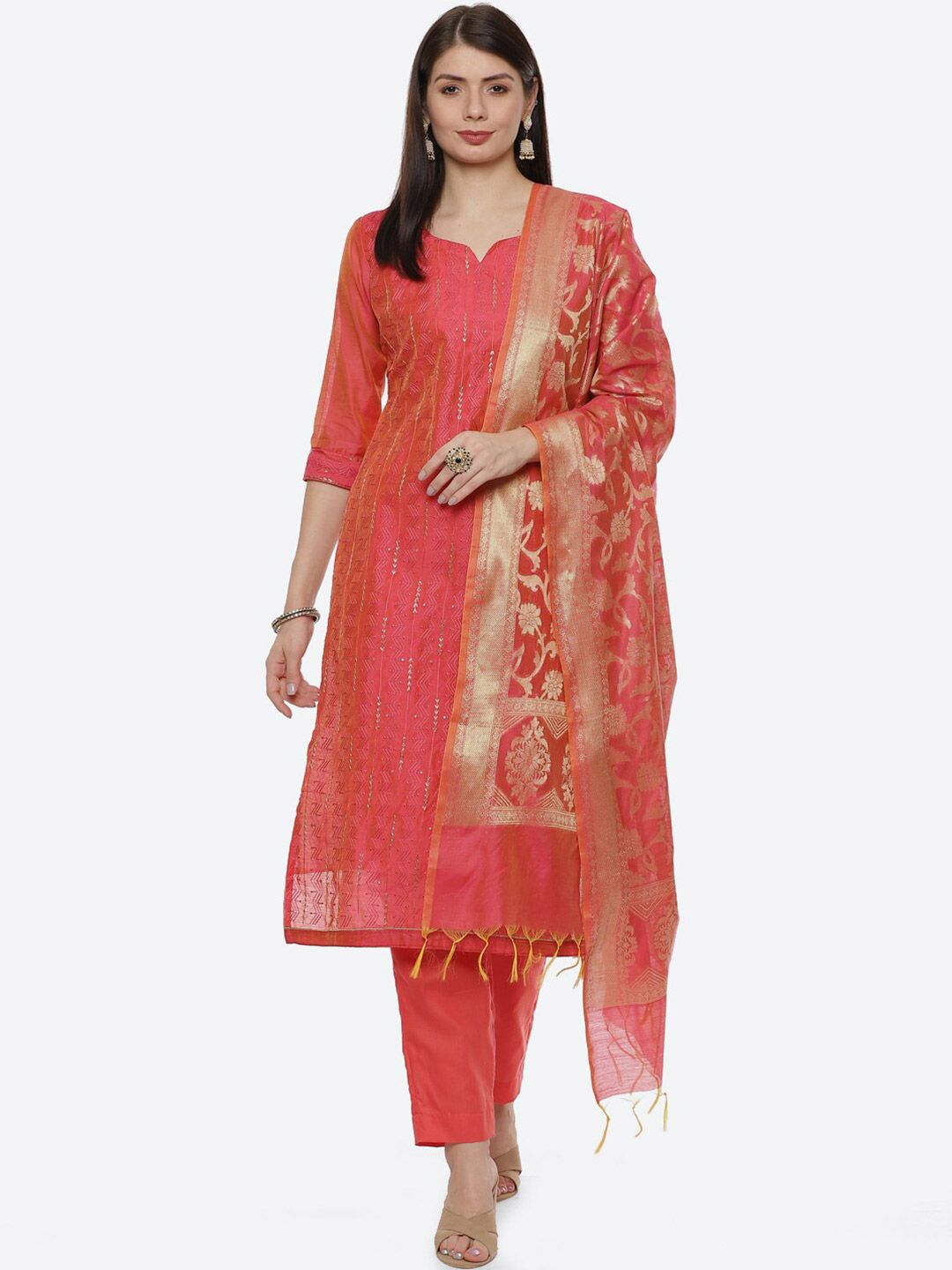 Biba Women Pink & Gold-Toned Embroidered Unstitched Dress Material Price in India