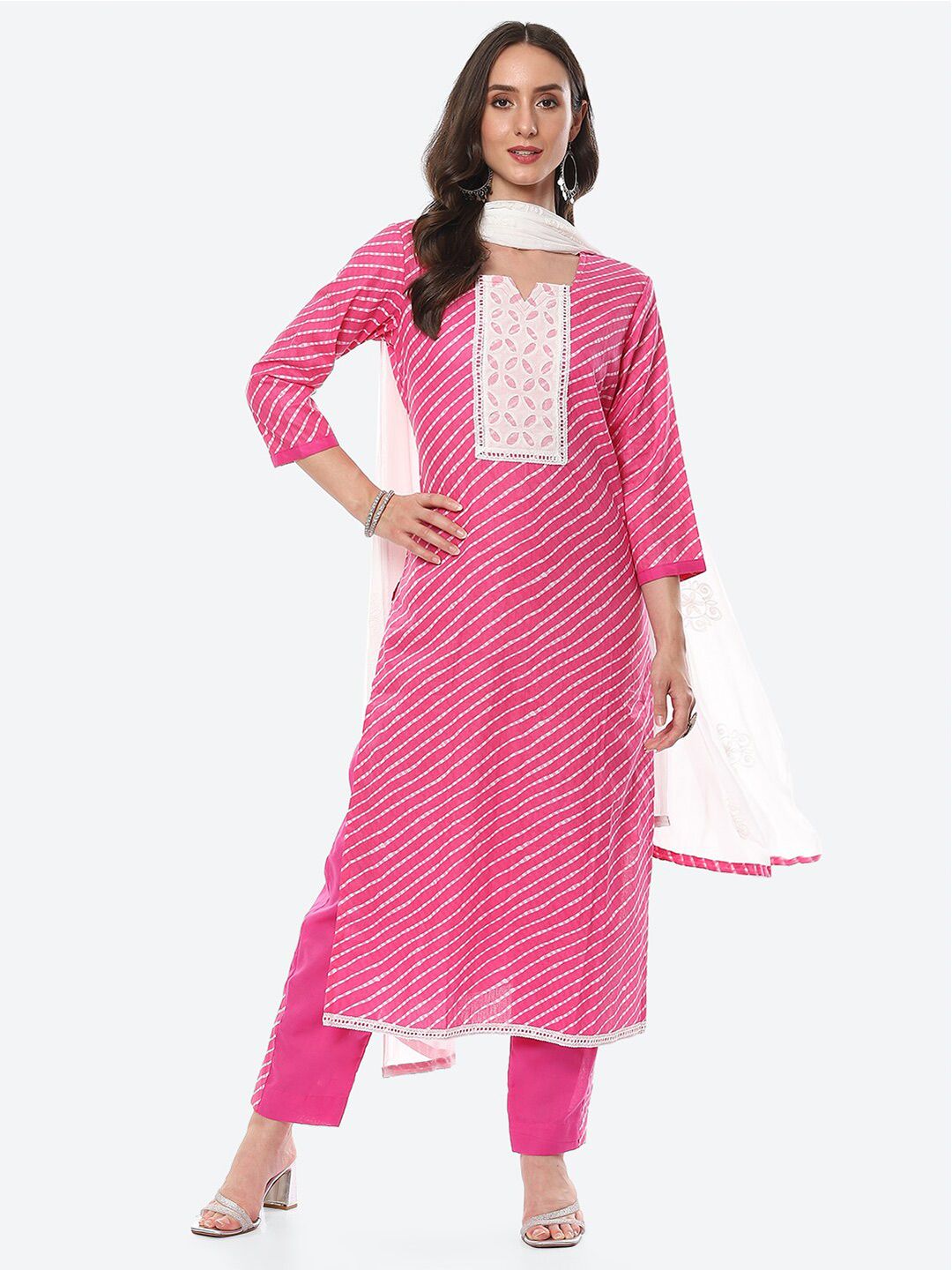 Biba Women Pink & White Printed Unstitched Dress Material Price in India