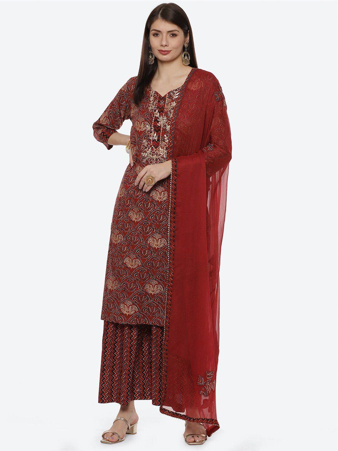 Biba Women Maroon & Red Printed Unstitched Dress Material Price in India