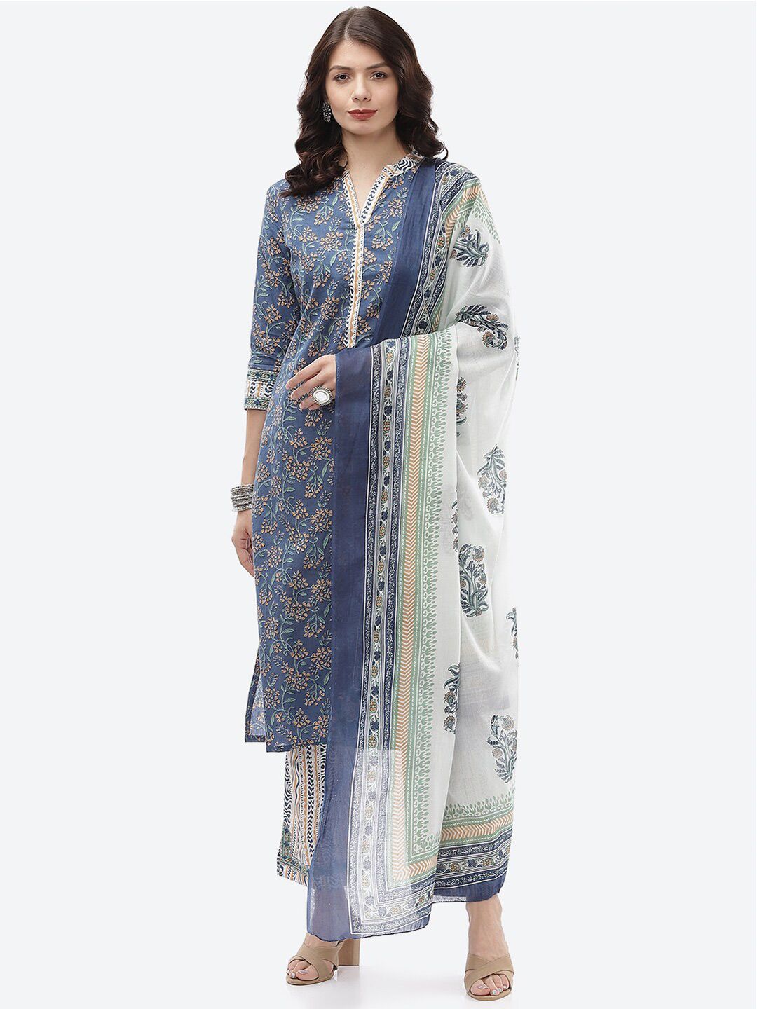 Biba Turquoise Blue & White Unstitched Dress Material Price in India