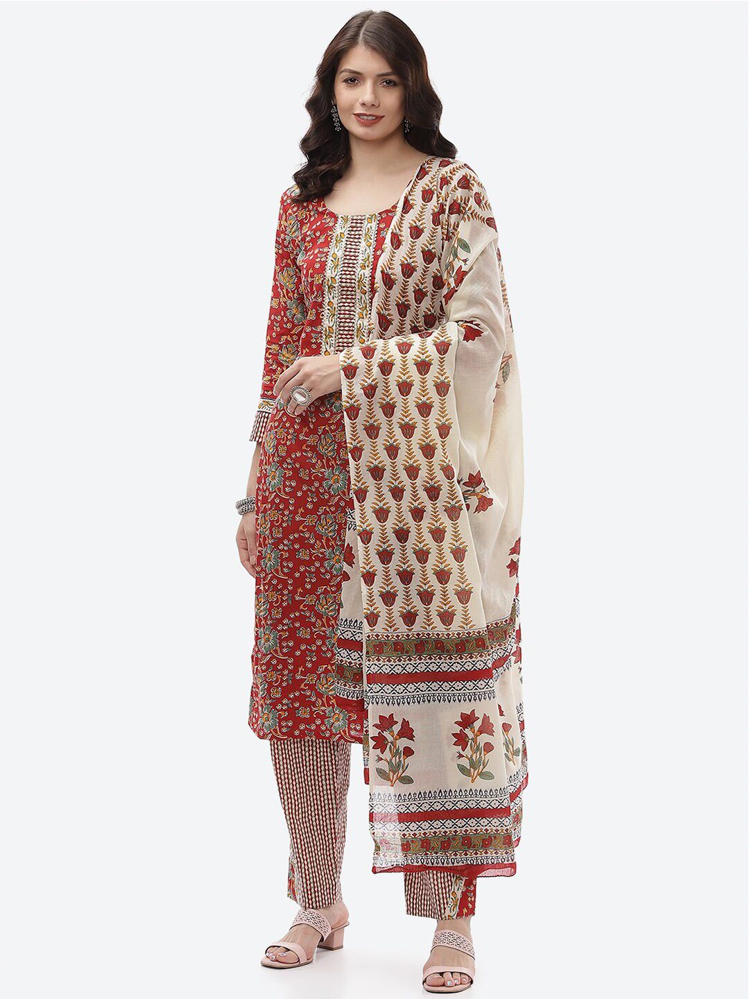 Biba Red & Grey Unstitched Dress Material Price in India
