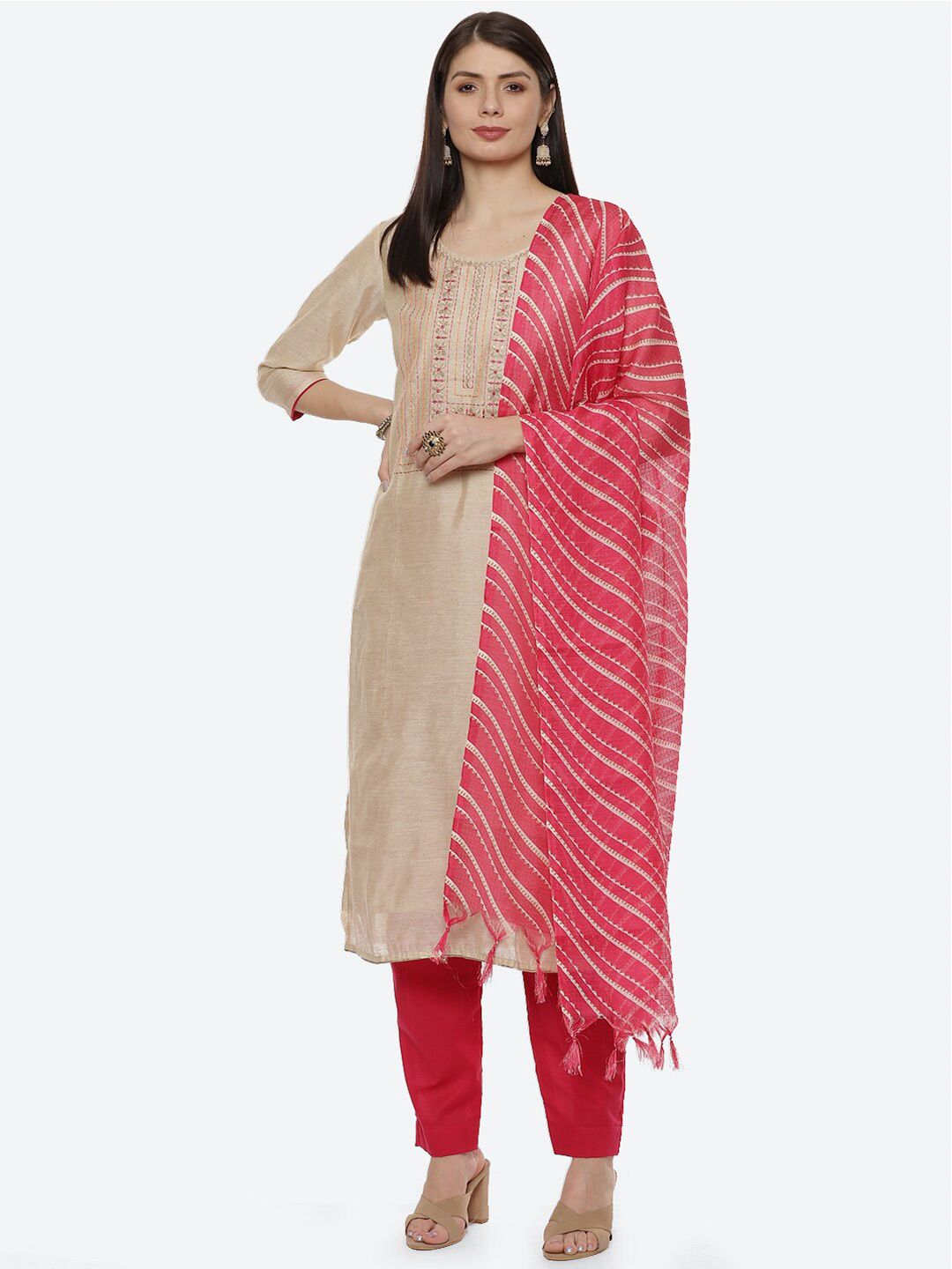 Biba Pink & Beige Unstitched Dress Material Price in India