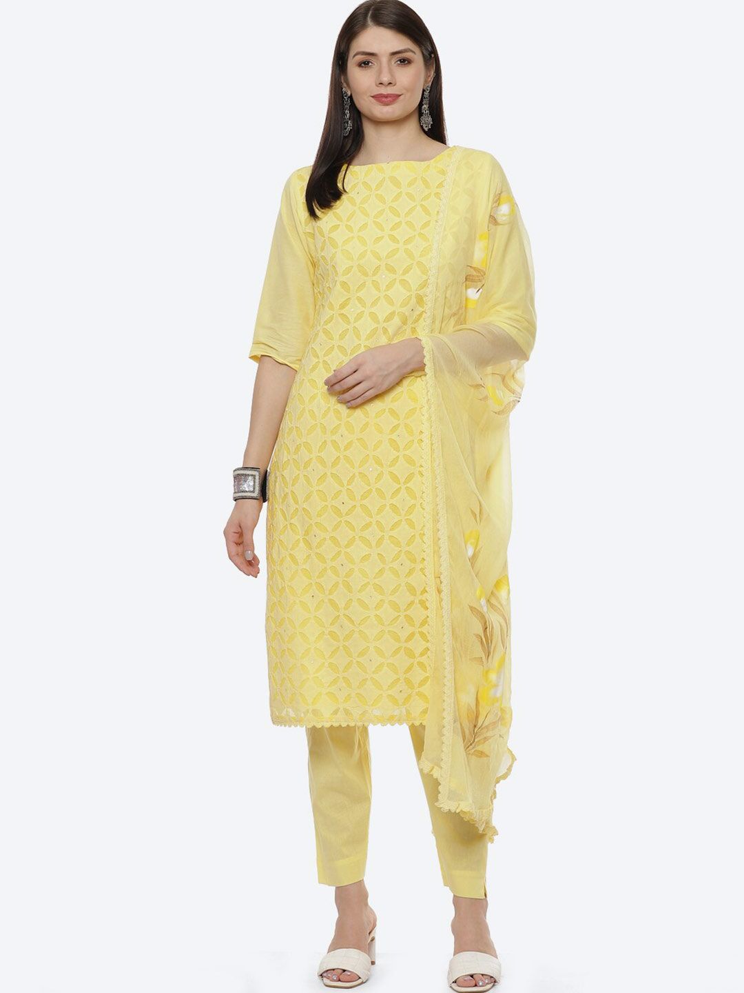Biba Yellow & Grey Unstitched Dress Material Price in India