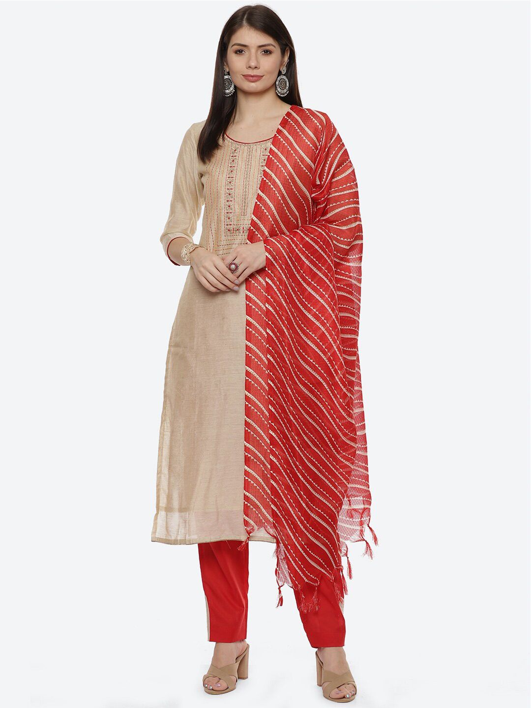 Biba Red & Beige Unstitched Dress Material Price in India