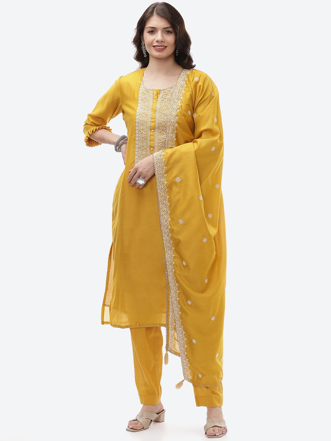 Biba Women Yellow & White Embroidered Unstitched Dress Material Price in India