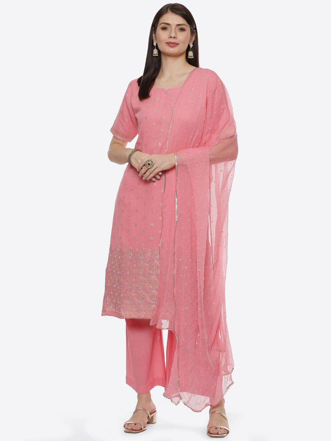 Biba Pink Unstitched Embellished Dress Material Price in India