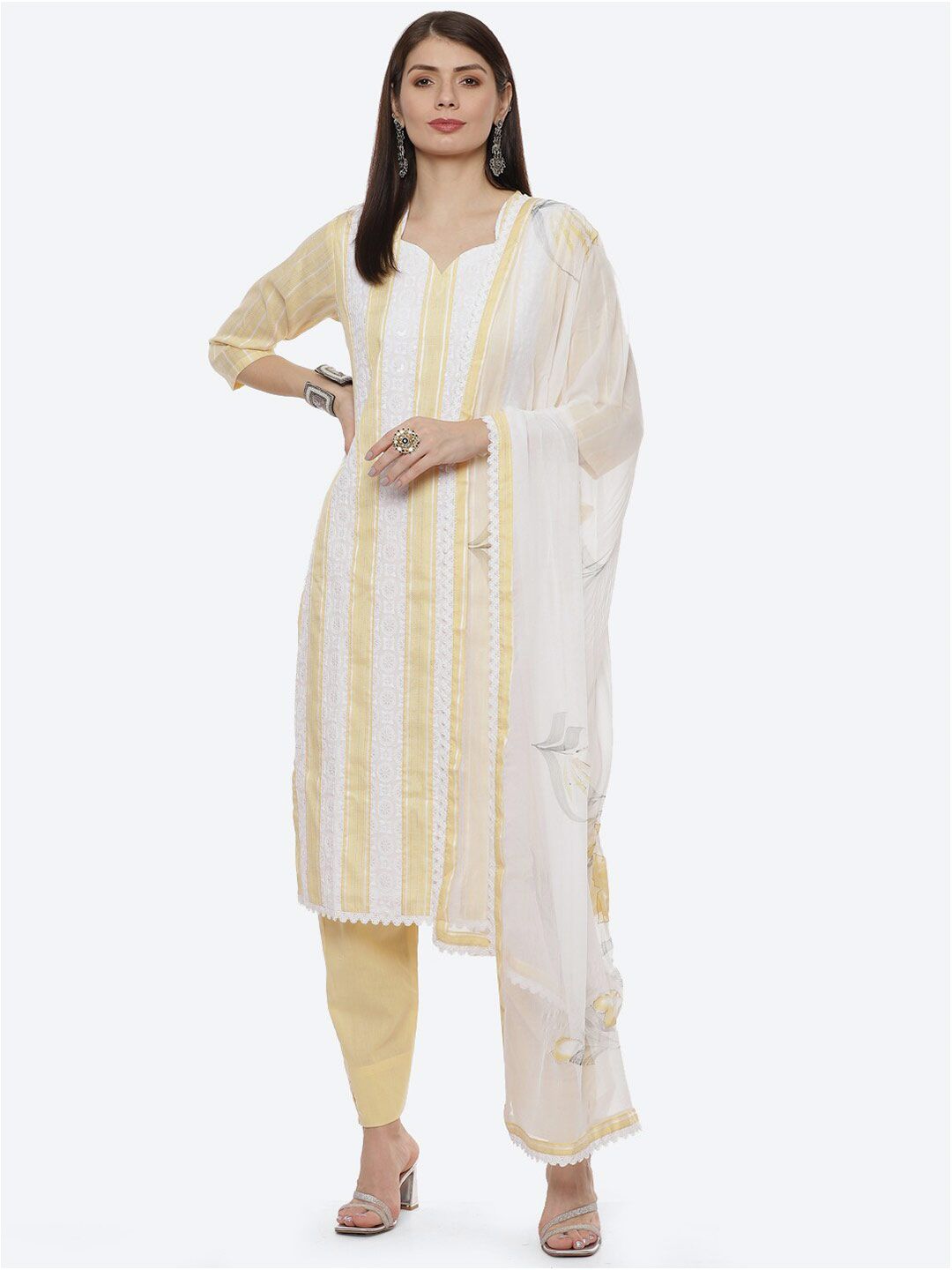 Biba Yellow & White Printed Unstitched Dress Material Price in India