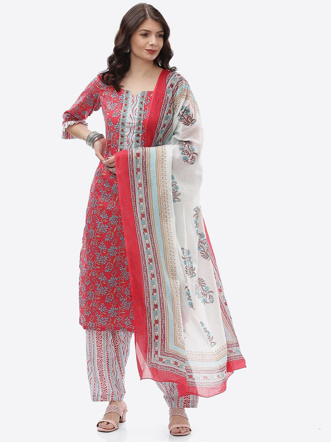 Biba Pink & White Printed Unstitched Dress Material Price in India